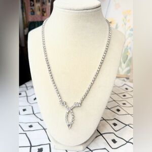 Vintage Silver Tone Rhinestone Necklace Y Drop Teardrop Clear Crystal Formal